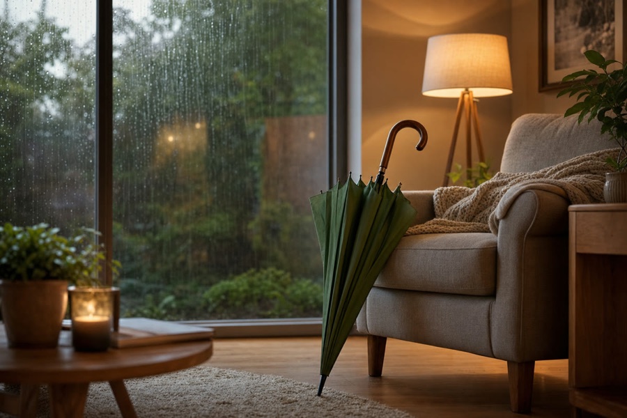 A cosy reading corner on a rainy evening